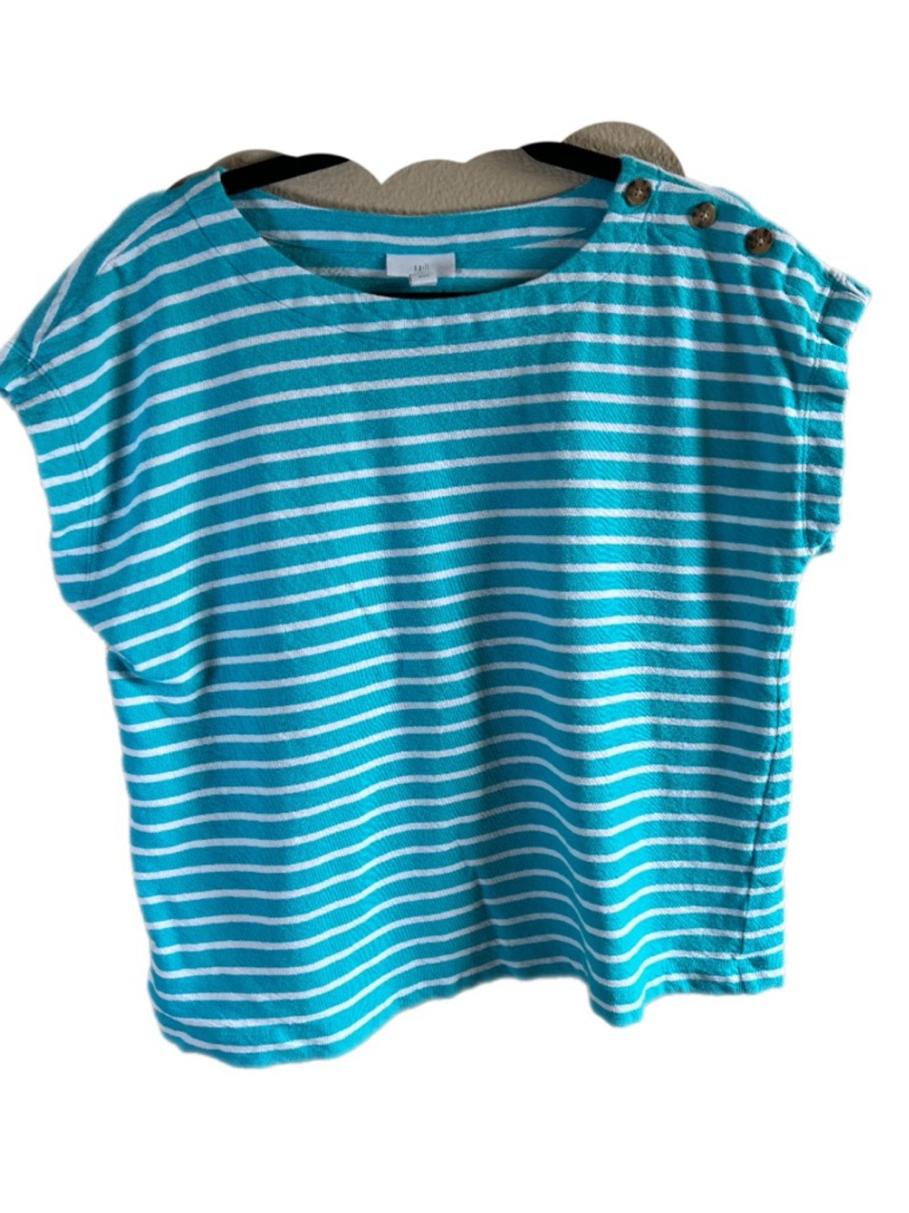 J.Jill Boxy Short Sleeve Striped‎ Top size Large Petite cotton button detail